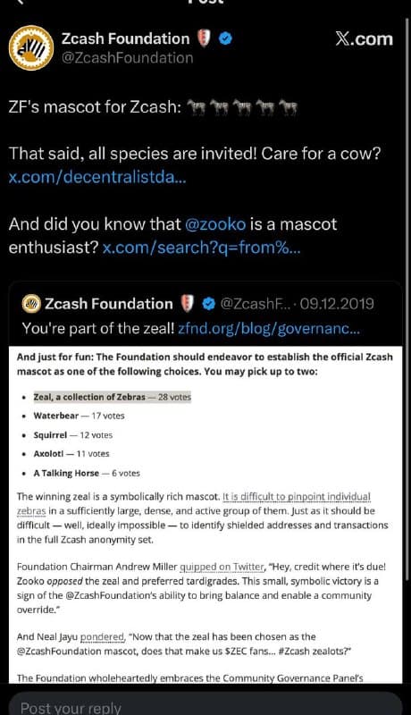 Zcash Foundation poll announcing the zeal — a collection of zebras — as the winning mascot