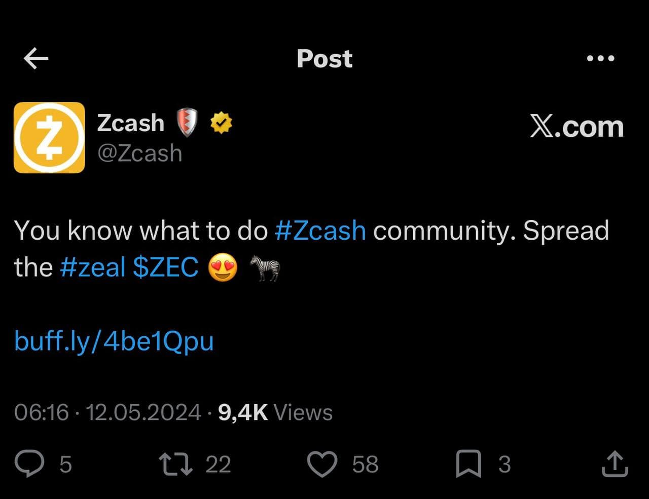 Official Zcash account: spread the zeal, $ZEC, with a zebra emoji