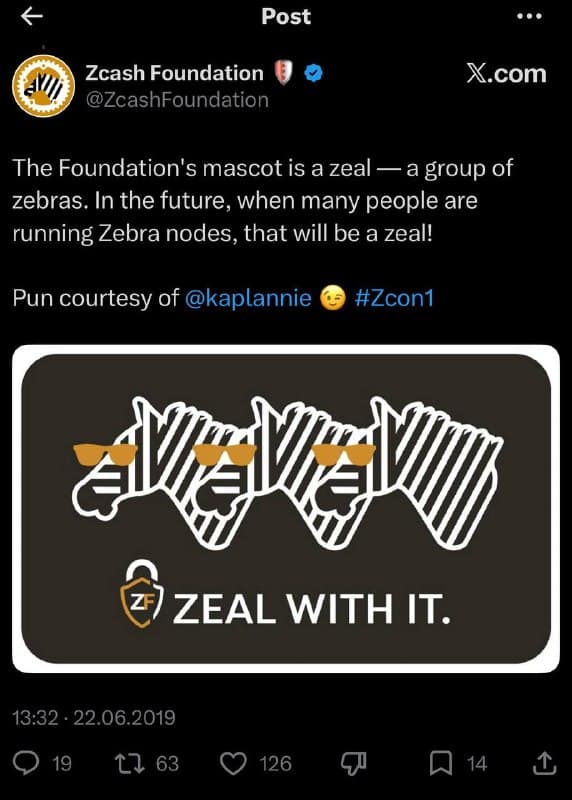 Zcash Foundation graphic: the Foundation's mascot is a zeal, a group of zebras — Zeal With It